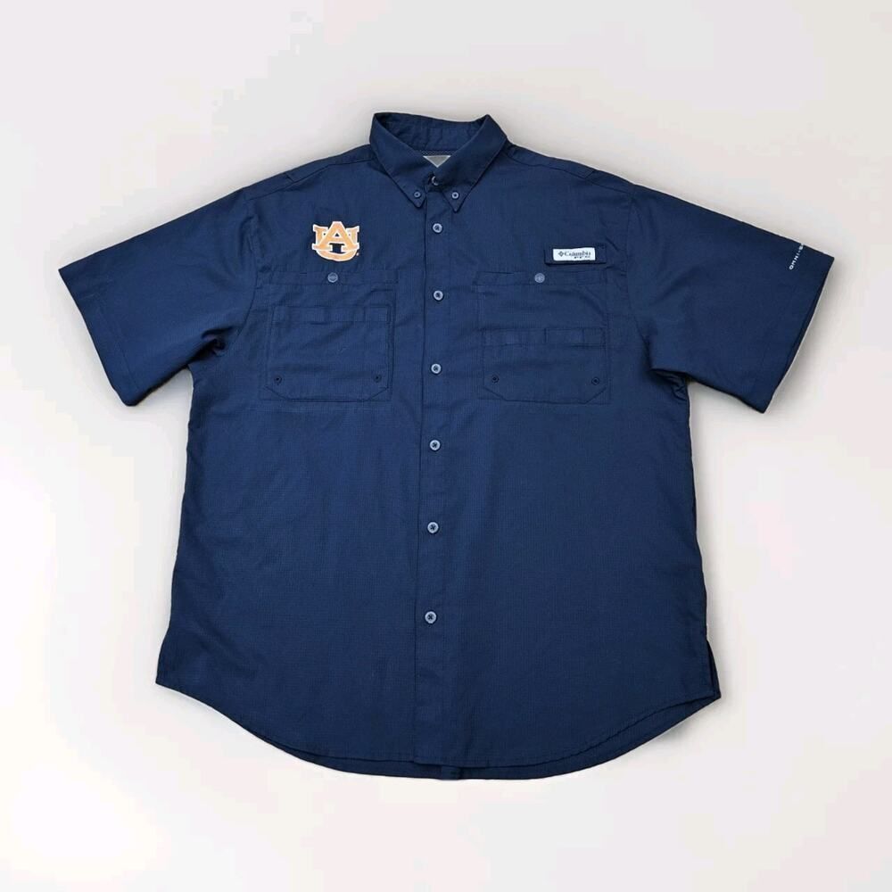 Columbia PFG Bonehead Shirt Mens Medium Blue Auburn University Short Sleeve Top